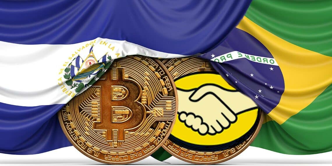 Banderas de El Salvador y Brasil junto a moneda de Bitcoin y MercadoCoin.