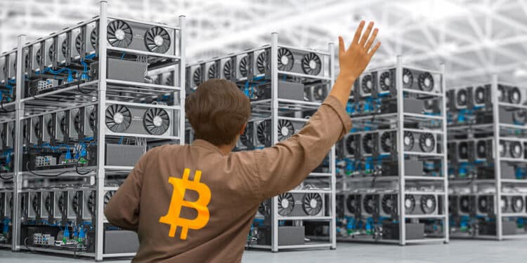Persona con B de bitcoin en la espalda mirando rigs de GPU de Ethereum