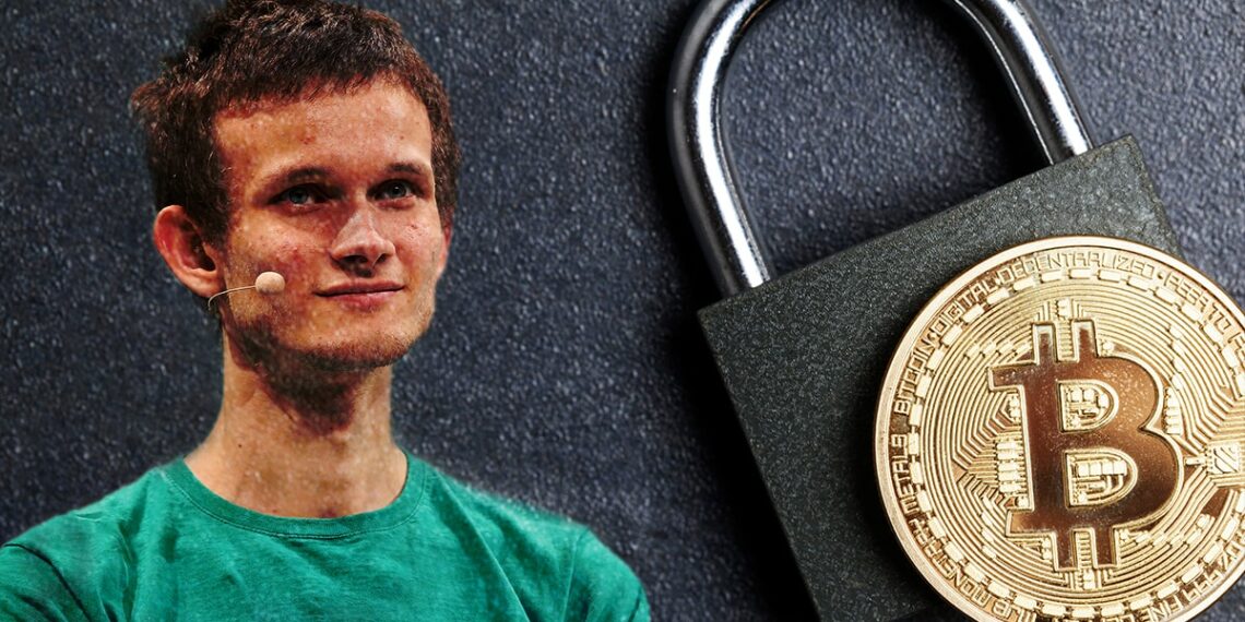 Imagen de Vitalik Buterin junto a candado con moneda de bitcoin superpuesta