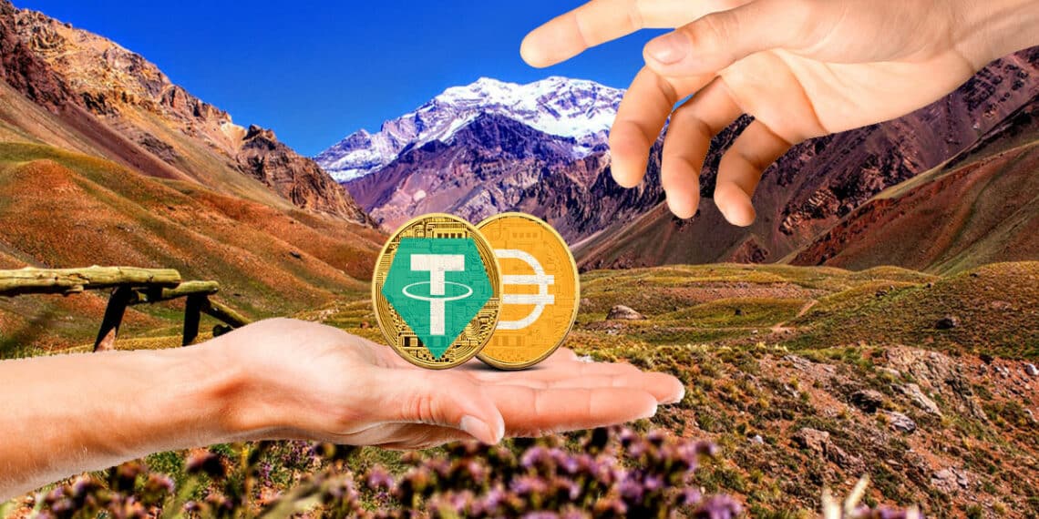 Paisaje de Mendoza con manos entregando DAI y USDT