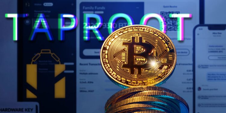 moneda de bitcoin con interfaz de nunchuc en el fondo y letreto de Taproot superpuesto