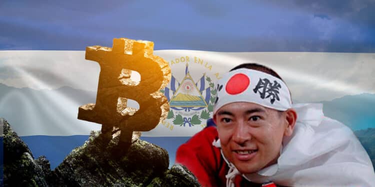 Bitcoin junto al youtuber acompañados de la bandera de El Salvador.