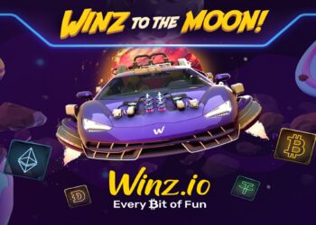 Varios planetas y asteroides de colores con un vehiculo turbo al centro y logos de winz.io y criptomonedas.