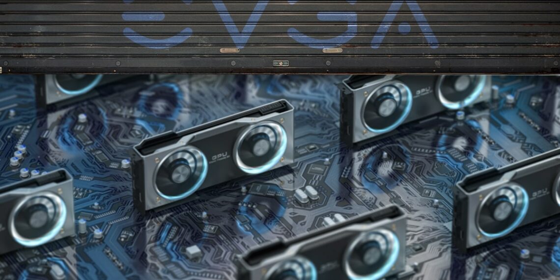 puerta de seguridad con logo de EVGA cerrandose ocultando linea de producción de tarjetas GPU