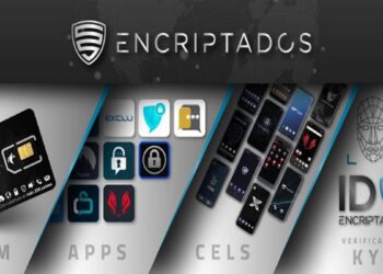 Teléfonos y tarjetas SIM Encriptados exhibidos junto al logo de la empresa Encriptados.io