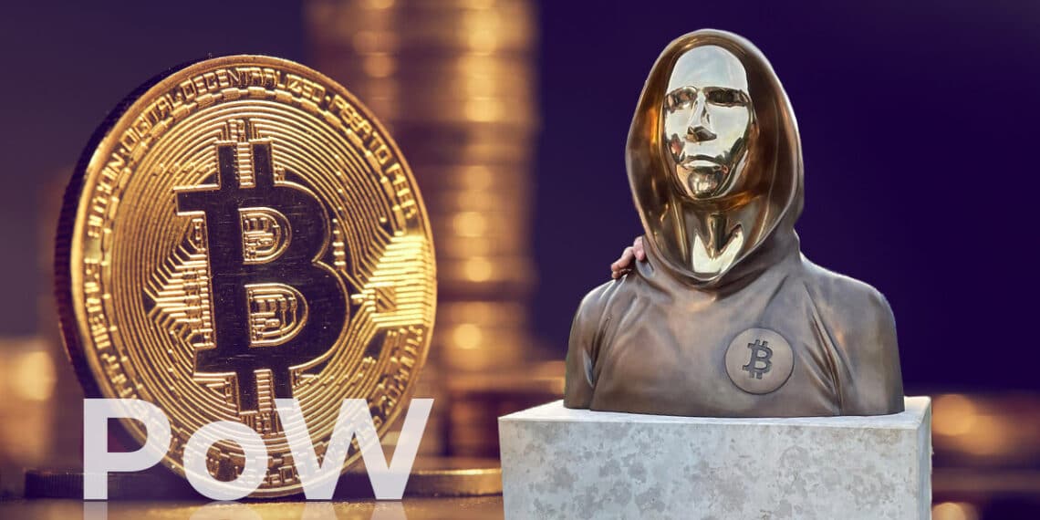 Estatua de Satoshi Nakamoto junto a PoW y bitcoin.