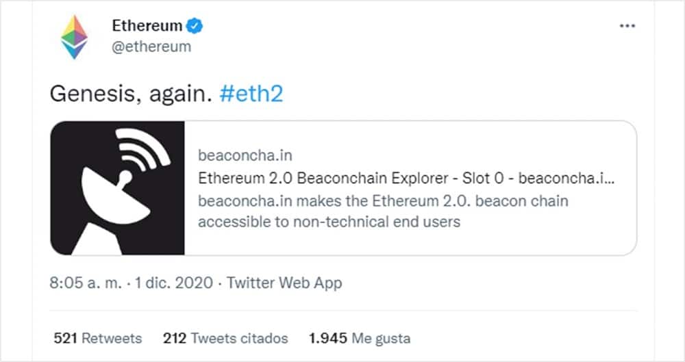 Captura de pantalla de un tuit sobre Ethereum 2.0