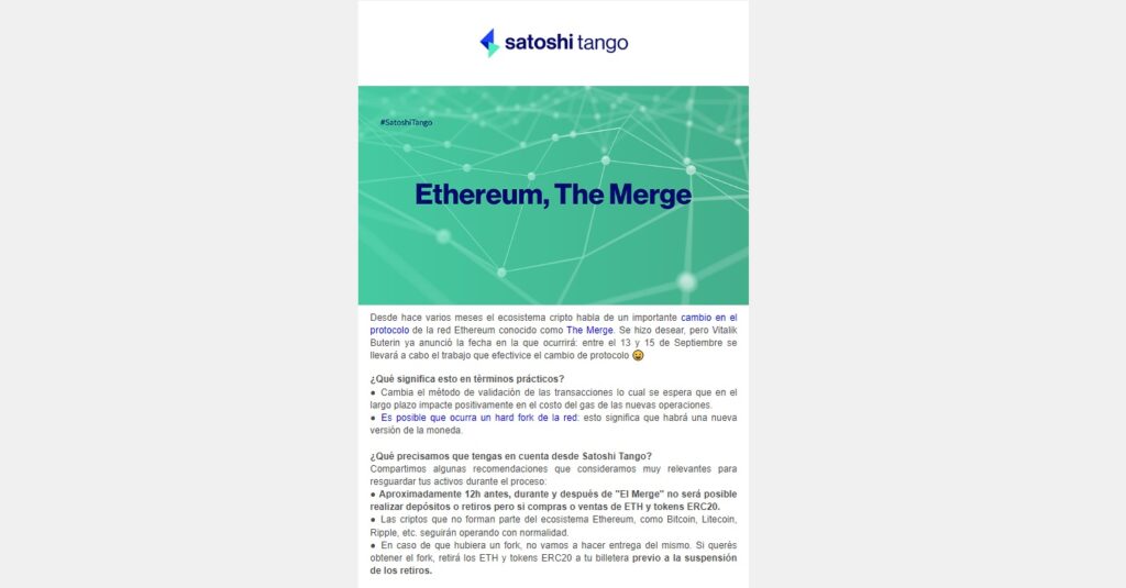 anuncio sobre el fork de ethereum enviado por satoshi Tango a sus usuarios