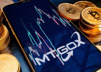 Bitcoin junto a un gráfico de mercado y el logo de MT.Gox.