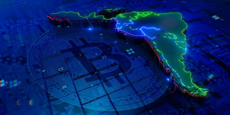 Latinoamérica junto a un bitcoin.