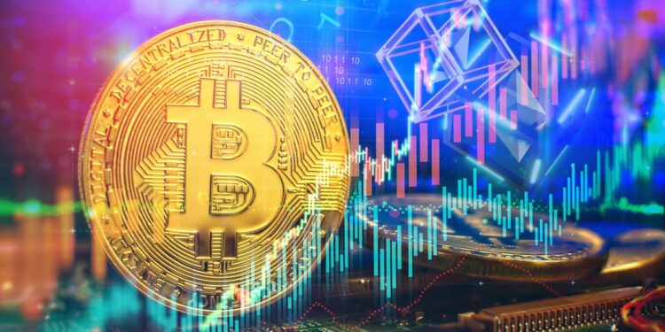 moneda de bitcoin con gráfico de precio alcista superpuesto y bloques de ethereum fusionandose en el fondo