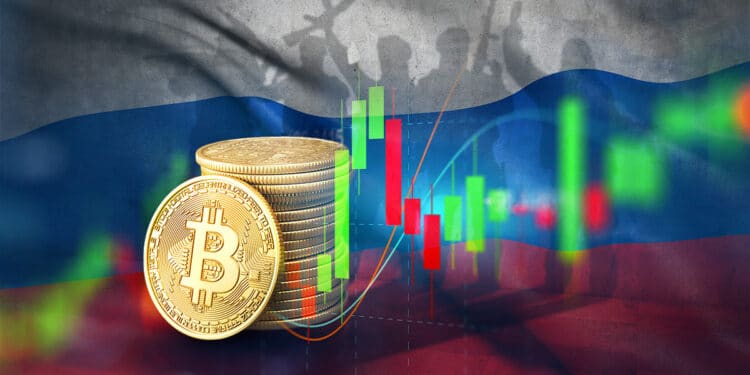 Bitcoin junto a un gráfico de mercado acompañado de la bandera de Rusia.