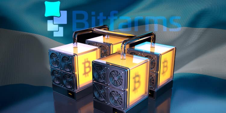 Mineros de bitcoin junto al logo de bitfarms acompañados de la bandera de Argentina.