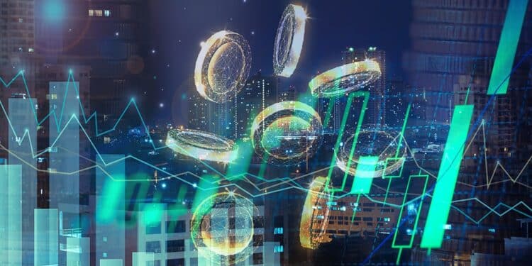 monedas digitales sobre gráfico de precio alcista