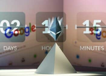logo de ethereum con contador regresivo sobre paredes con buscador de google proyectado