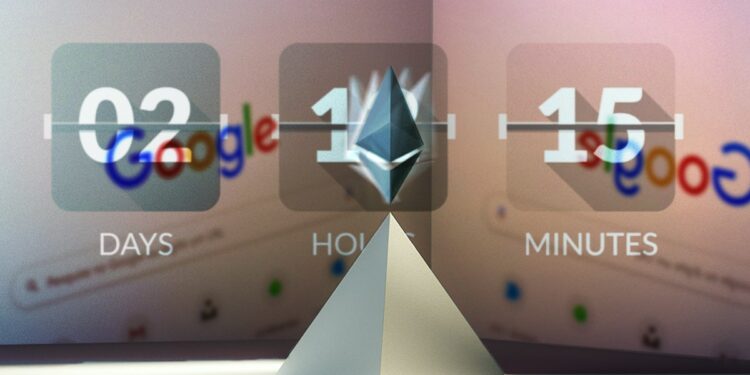 logo de ethereum con contador regresivo sobre paredes con buscador de google proyectado