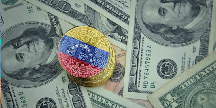 Bitcoin con bandera de Venezuela acompañado de dolares.