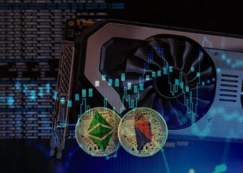 monedas de ethereum classic y Ravecoin apoyadas en tarjeta gráfica con código en el fondo y gráfico superpuesto