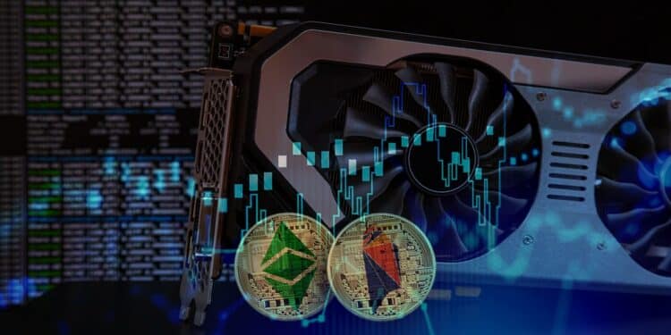monedas de ethereum classic y Ravecoin apoyadas en tarjeta gráfica con código en el fondo y gráfico superpuesto