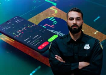 Policia junto a un exchange de criptomonedas acompañados de la bandera de Brasil.