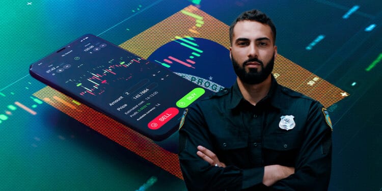 Policia junto a un exchange de criptomonedas acompañados de la bandera de Brasil.