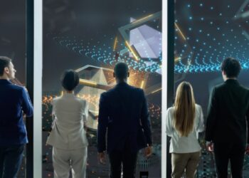 personas observan a traves de la ventana bloques de ethereum fusionandose