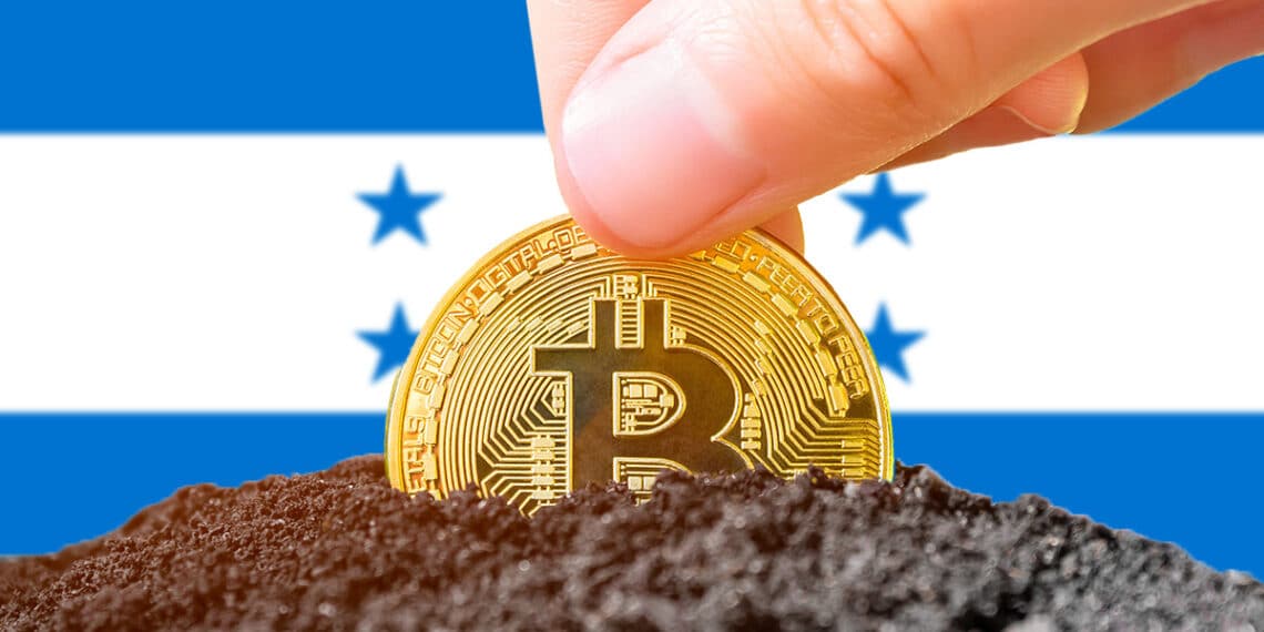 Bitcoin siendo sembrado junto a la bandera de Honduras.