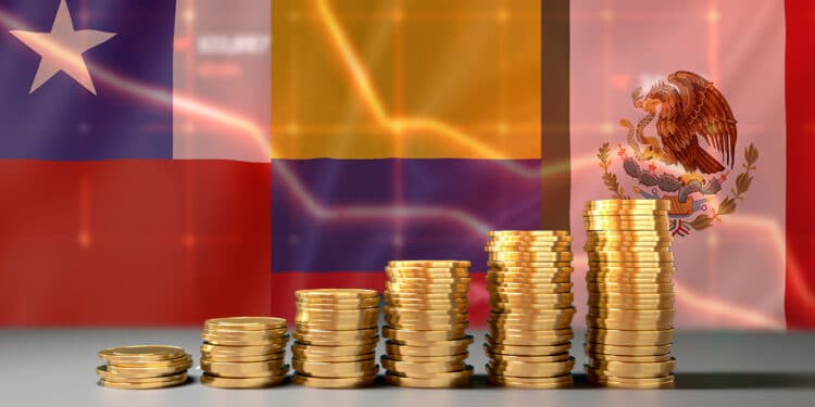Monedas representando la inflación junto a banderas de Chile, Colombia y México.