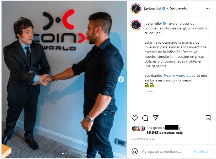 Javier Milei en las oficinas de CoinX World