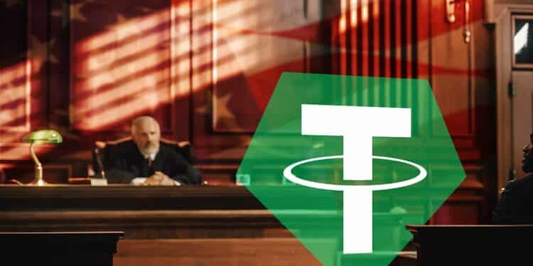 logo de thether ante juez en corte con bandera de estados unidos en el fondo