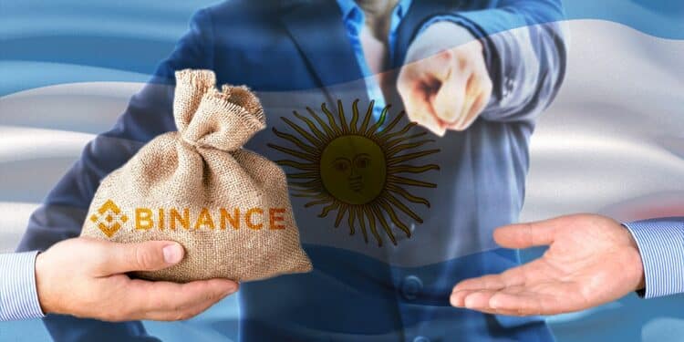 personas intercambian bolsa de dinero con logo de binance mientras mujer señala dando orden con bandera de Argentina superpuesta