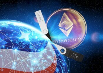 mundo con logo de starknet superpuesto on moneda de ethereum y monederos ledger en el fondo