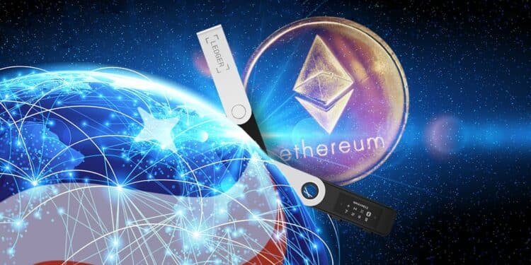 mundo con logo de starknet superpuesto on moneda de ethereum y monederos ledger en el fondo