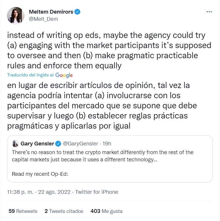 Meltem Demiror shows disapproval at Gary Gensler's comments on the SEC and bitcoin regulation