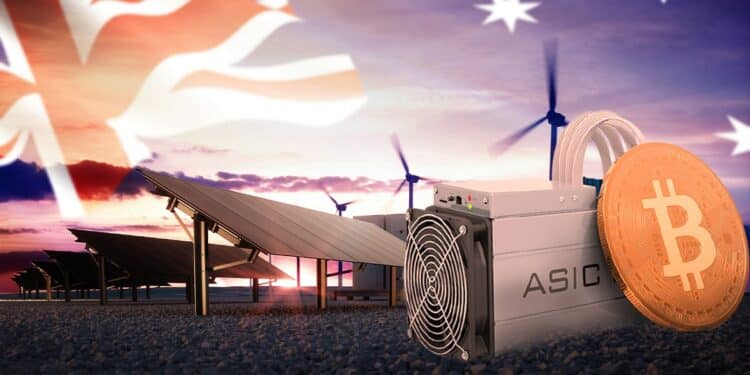 moneda de bitcoin apoyada en equipo ASIC con páneles solares y bandera de australia en el fondo