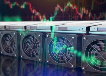 linea de mineros asic sobre mesa con gráficos de precio en el fondo y superpuesto