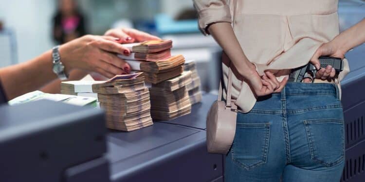 mujer sostiene arma escondida dentro de pantalon mientras cejro de banco apila dinero sobre el mostrador