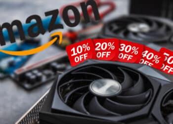 tarjeta gráfica con anuncios de oferta y logo de Amazon en el fondo