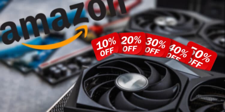 tarjeta gráfica con anuncios de oferta y logo de Amazon en el fondo