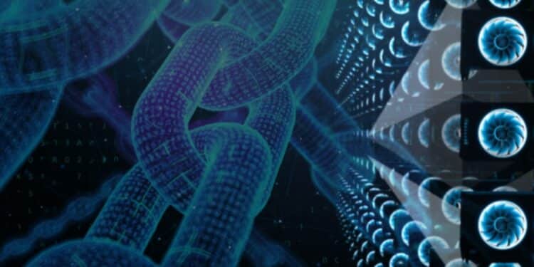 tarjetas gráficas con logo de ethereum superpuesto junto a distintas cadenas digitales