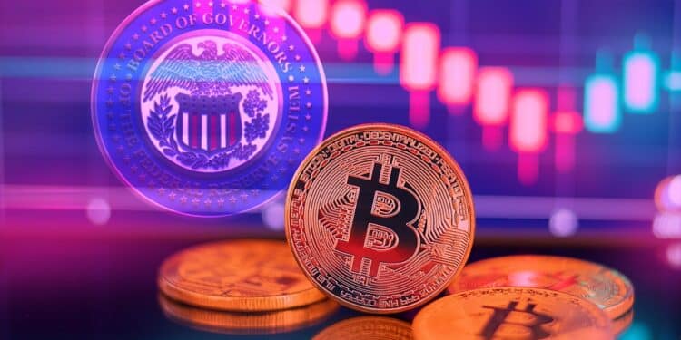 moneda de bitcoin en frente de pantalla con gráfico bajista y logo de la Reserva Federal
