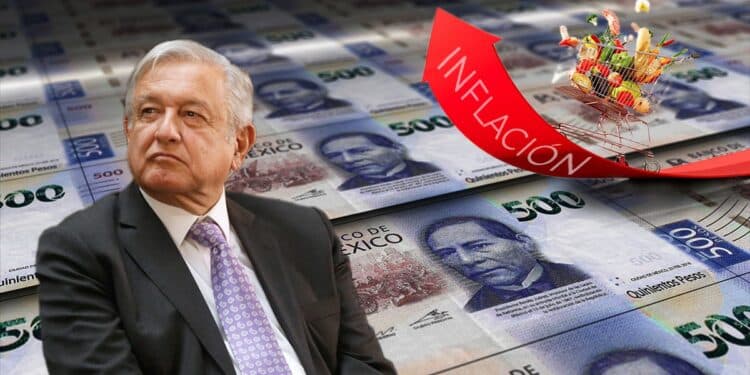 López Obrador en frente de billetes de pesos mexicanos con inflación incrementando