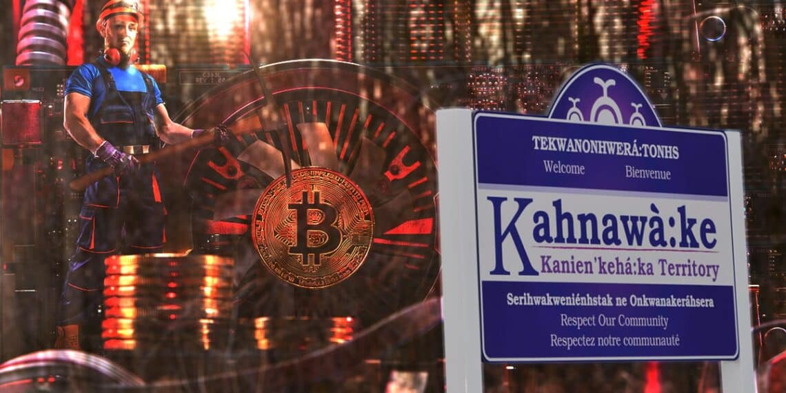 Letrero de bienvenida a comunidad de Kahnawake con minero de bitcoin en el fondo