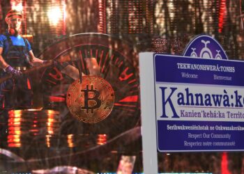 Letrero de bienvenida a comunidad de Kahnawake con minero de bitcoin en el fondo