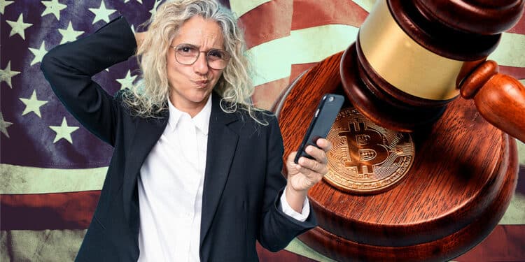 Regulación de Bitcoin en Estados Unidos, bandera de fondo, persona dudando