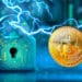 Candado denota seguridad y Bitcoin con relampagos que representan Lightning Network