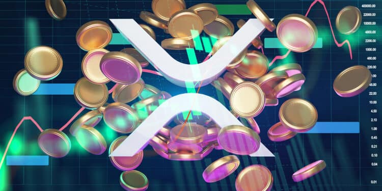 gráfico de precio alcista sobre logo de XRP con monedas cayendo en el fondo