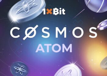 Criptomonedas ATOM flotando alrededor de los logos de 1xBit y Cosmos Network.