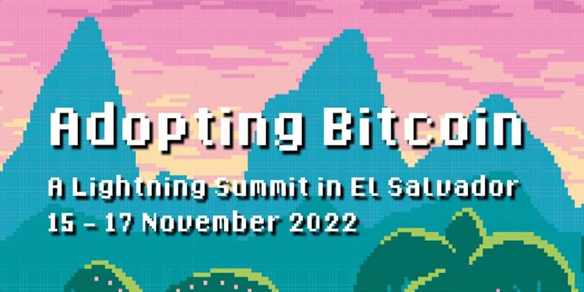 Pnacarta promocional del evento Adopting Bitcoin en El Salvador