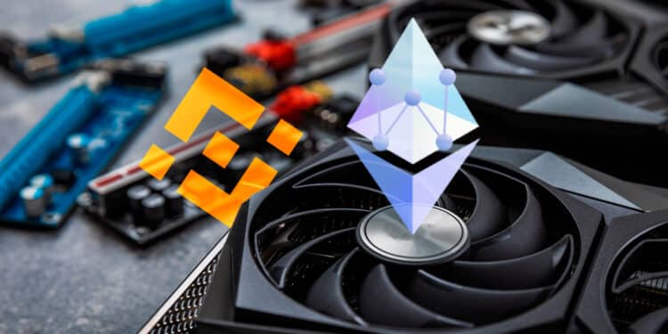 ETHW junto a mineros de ethereum y logo de binance.